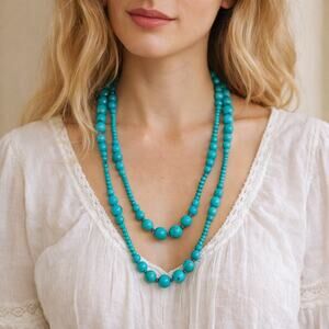 Vintage Turquoise Beaded Necklace 48” Long Southwestern Boho Statement Necklace